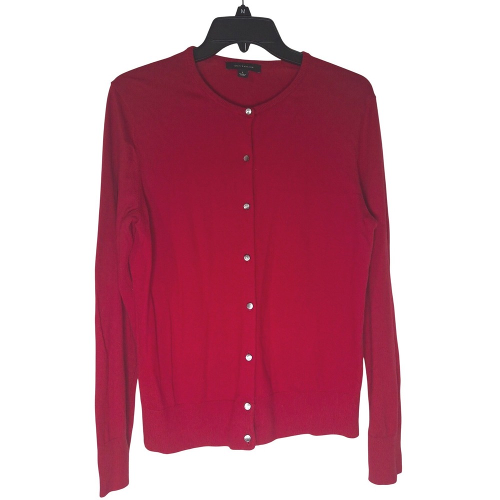 Ann Taylor Womens Red Cotton Blend Button Front Crew Neck Cardigan Large